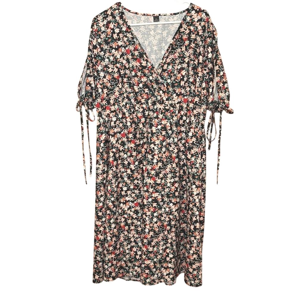 Women’s Plus Size 2XL Floral Faux Wrap Dress Black Multicolor